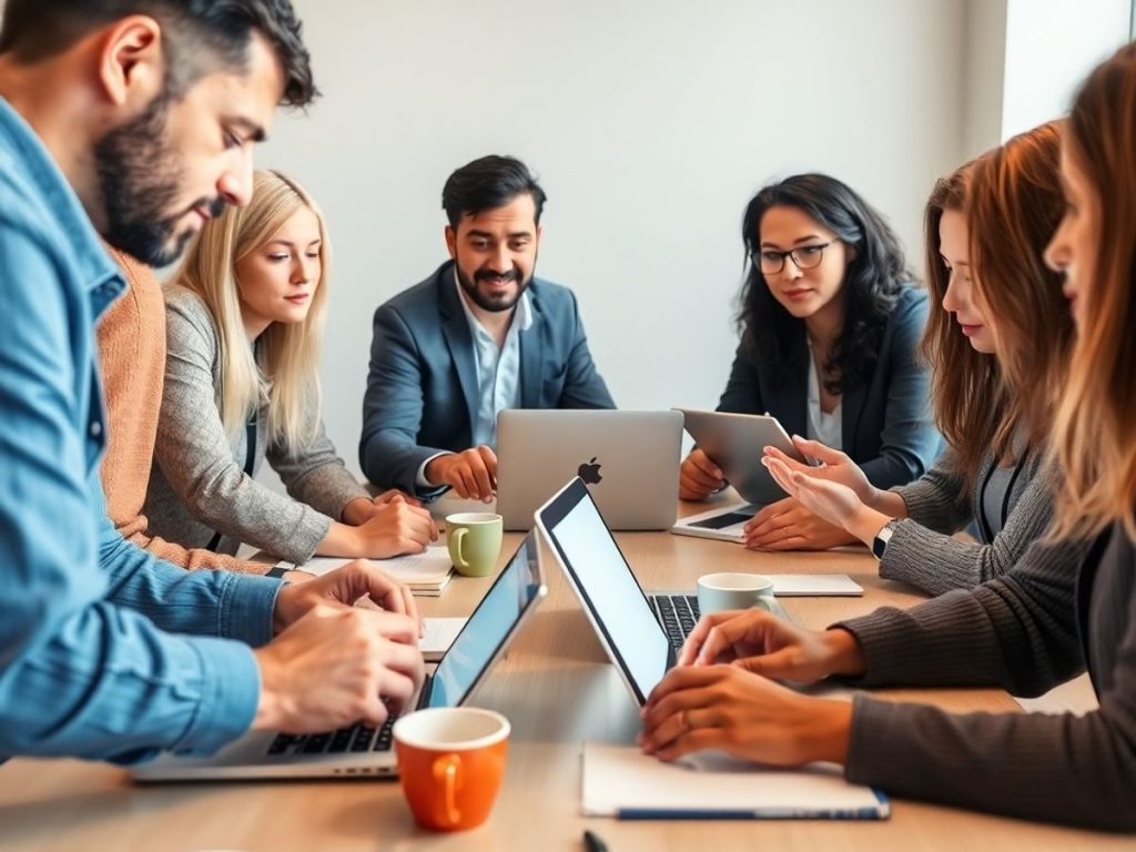 Oameni lucrează colaborativ la digitalizarea afacerilor.