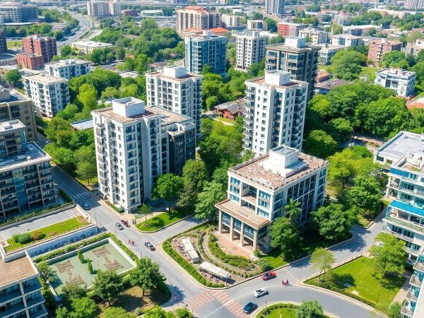 Peisaj urban modern cu clădiri și spații verzi.