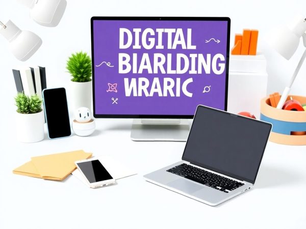 Birou modern cu laptop și smartphone pentru branding digital.