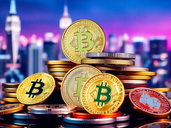Criptomonede variate pe fundal urban neclar.