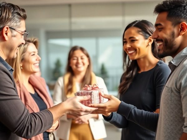 Oameni zâmbitori, interacționând cu un client mulțumit și loial.