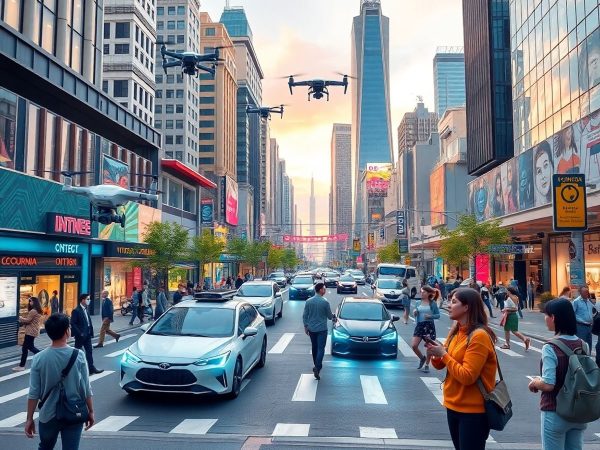 Oraș futurist cu tehnologie avansată și viață cotidiană.