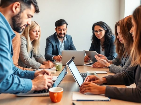 Oameni lucrează colaborativ la digitalizarea afacerilor.